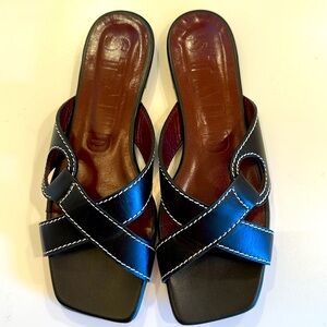 New STAUD Black  Leather Sandals with White Stitching. Size 39.